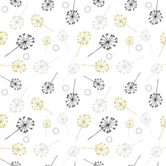 Dandelion or allium or fennel like flowers and seed pattern. Vector floral seamless repeat with simple hand drawn stylized flowers. - obrazy, fototapety, plakaty