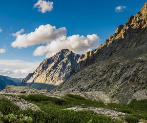 mountain range with valley during sunset, national park in Altai republic, Siberia, Russia
