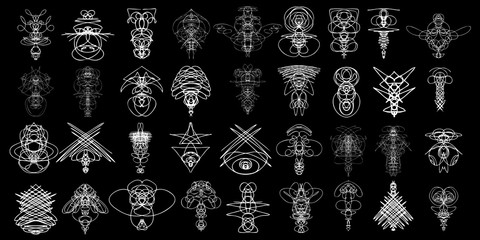 Voodoo spirits symmetrical symbols set. Abstract geometric hand drawn spiritual black magic craft insignia Voodoo deity. Occultism, sacred geometry magic alien. Vector. - obrazy, fototapety, plakaty
