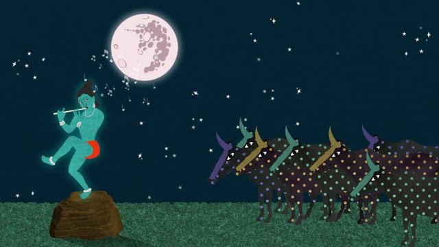Lord Krishna Playing the Flute to a Herd of Cows at Night