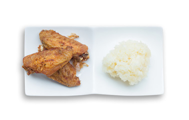Fried chicken wings and crispy garlic with sticky rice isolated on white background(clipping path)
