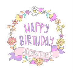 Happy birthday card with flower frame. Vector illustration.