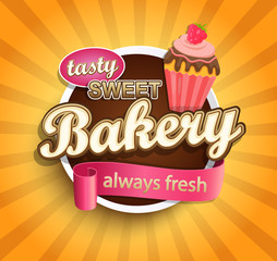Sweet bakery label with cupcake for your design. Vector illustration.
