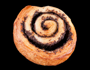 Snail bun with poppy seeds on the black background