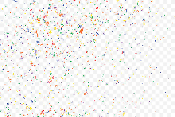 Transparent background with many falling tiny round random confetti, glitter and serpentine pieces blow and sprayed on transparent background. Isolated. Vector.