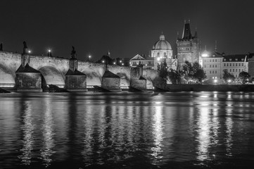 Fototapeta premium Night Prague, Czech Republic. Black and white photo