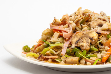 Sauteed vegetables with chicken, pork, jam and shrimps preparation: Ready served wok-Sauteed vegetables and meats
