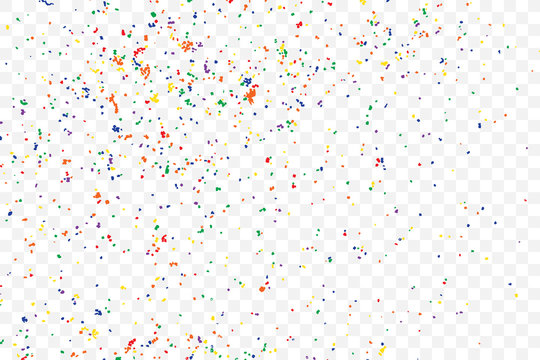 Transparent background with many falling tiny round random confetti, glitter and serpentine pieces blow and sprayed on transparent background. Isolated. Vector.