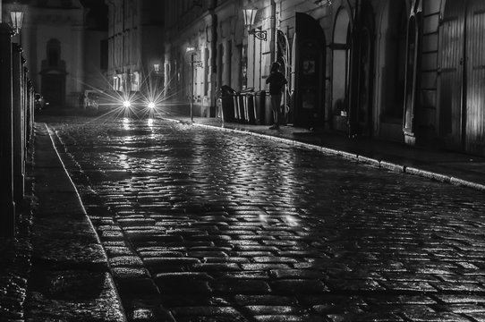 Fototapeta Prague, Czech Republic. Night streets. Black and white photo