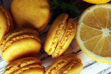 Sweet and colourful french macaroons or macaron with lemon