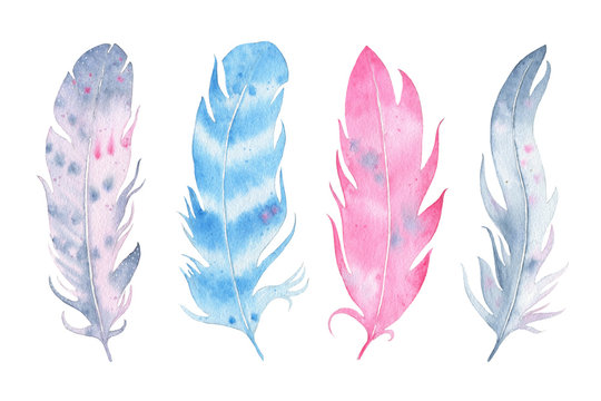 Watercolor hand drawn boho feather set isolated on white background