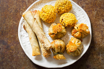 Duck party food selection. Sesame duck cigars, duck moneybags, crispy duck bonbons. 