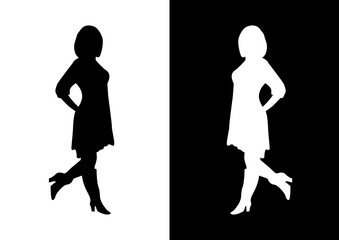 Black and white silhouette of a girl in a dress and boots.