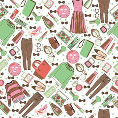 Vector of hand drawn fashion collection of clothes and accessories pattern illustration.