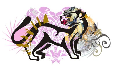 Grunge cat splashes. Silhouette of a cat against the background of the lioness head, linear eagle patterns and decorative elements