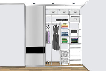 3D rendering. Modern wardrobe with folded and hanging clothes. 3d rendering. Home Interior Design Software Programs.Project management.