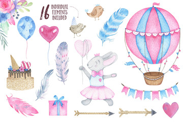 Watercolor happy birthday party set with bird bunny air balloon garland and flowers bouquets feathers arrow gift box cake