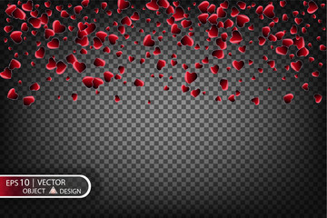 Vector Festive illustration of falling shiny red hearts isolated on a transparent background. Confetti for love messages, picture design for Valentine s day.