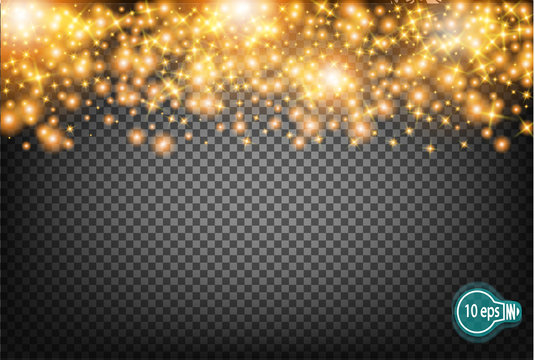 Vector festive illustration of falling shiny particles and stars isolated on transparent background. Golden Confetti Glitters. Sparkling texture. Holiday Decorative tinsel element for Design.