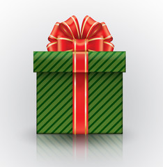 Green Gift box with a big red bow. Realistic vector object isolated on white background.