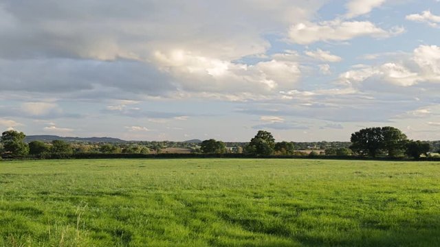 Rural landscape with green grass meadow, Tarvin, Cheshire, England, UK. Overcast sky with mountains and hills in background.