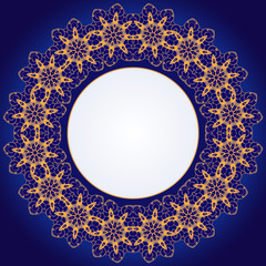 Frame with a circular floral ornament on a blue background.