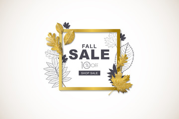 Autumn sale horizontal banner with isolated golden square frame and 3d style gold and outline autumn leaves. Vector fall poster background. Layout for discount labels, flyers and shopping.