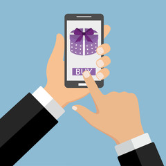 phone with a gift in hand on a blue background