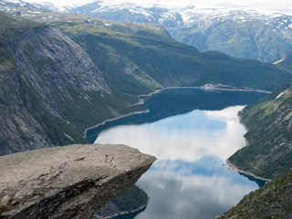 Fototapeta na wymiar View from Trolltunga to Fjord and water Norway