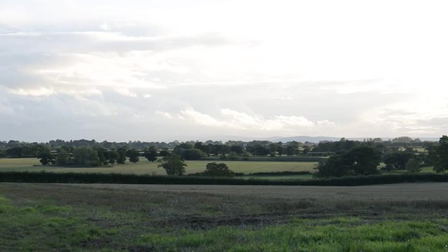 Rural autumnal landscape with brown mowed wheat field, Tarvin, Cheshire, England, UK. Overcast sky with mountains and trees in background.