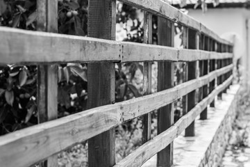 rural summer village with wooden fence B&W picture