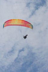 Paraglider flies in the blue summer sky