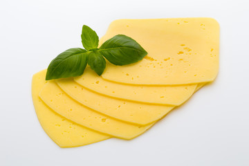 Cheese slices on the white background.