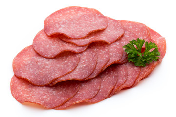 Salami slices isolated on white background.