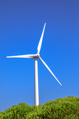 One Wind Turbine, alternative energy source. Sagres, Algarve, Portugal of wind turbine rotating. Alternative energy, renewable energy and environmental sustainability. Sunny day in blue sky.