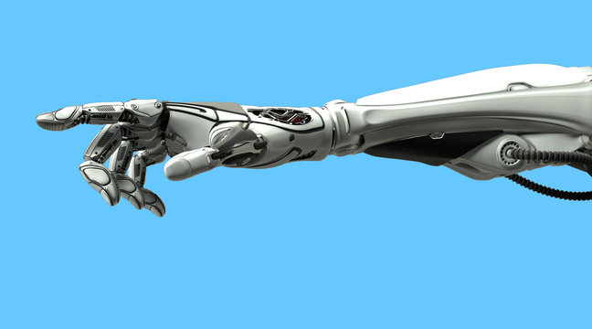 A robotic mechanical arm pointing with index finger