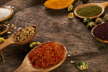 Wooden Spoon filled with various spices on dark wooden background