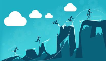 Lots of young business woman running and jumping over the mountains peaks on the way to the best professional position. Business concept illustration.