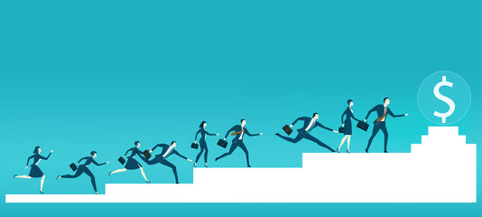 Lots of young business people running towards the dollar sign, competition for the best professional position. Business concept illustration.