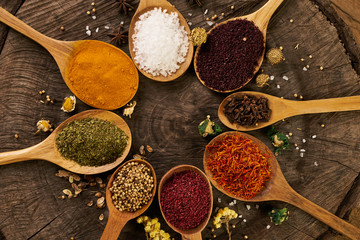 Top view of a colorful spices in wooden spoons