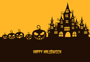 greeting card Halloween with pumpkin and Haunted House..Vector illustration.