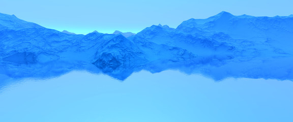 3D   Rendering Wide Blue  Evening Mountain Top Fjord Great Landscape View