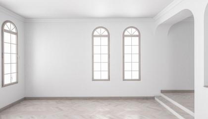 Unfurnished Building Interior with a Raised Floor and Arched Windows