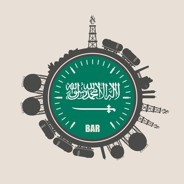 Circle with energy relative silhouettes. Design set of natural gas industry. Objects located around the manometer circle. Flag of the Saudi Arabia