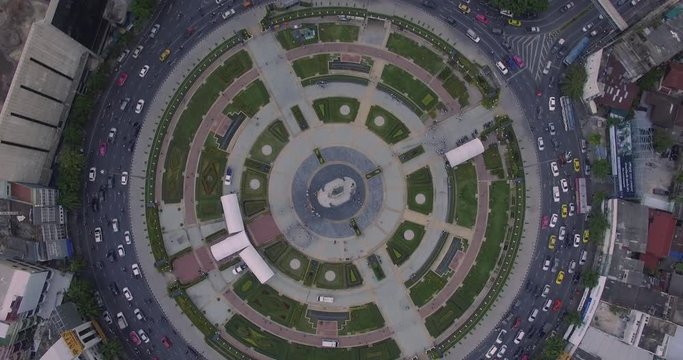 Traffic at Huge roundabout in Bangkok, Thailand. Drone footage.