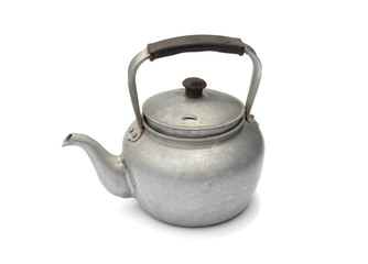 Old rustic aluminum kettle isolated on white background