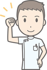 Illustration of a male nurse wearing a white coat holding a fist
