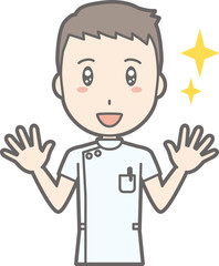 Illustrations that a male nurse wearing a white coat spreads both hands