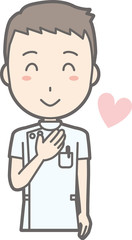 Illustration that a male nurse wearing a white coat laughs with a hand on her chest