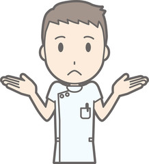 Illustration that a male nurse wearing a white suit is shrugging his shoulders